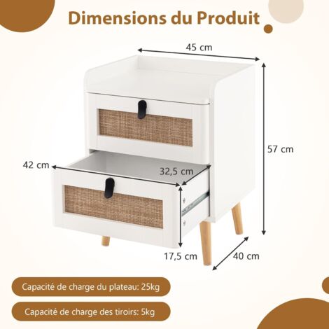 COSTWAY Commode 2 Tiroirs, Table De Chevet Avec Pieds En Bois Massif Poignee Noir Design Tiroir En Rotin Boheme Petite Commode Scandinave Blanc2 Tiroirs 79120317