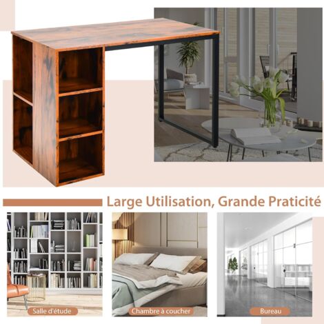 COSTWAY Bureau d'Ordinateur avec Bibliothèque, Bureau Informatique avec 5 Compartiments, Cadre en Métal, Table d'Ordinateur pour Bureau, Chambre, Studio, 115 x 59,5 x 75 cm (Marron Rustique)