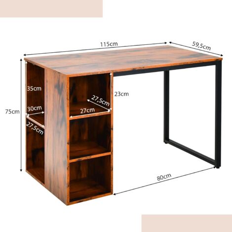 COSTWAY Bureau d'Ordinateur avec Bibliothèque, Bureau Informatique avec 5 Compartiments, Cadre en Métal, Table d'Ordinateur pour Bureau, Chambre, Studio, 115 x 59,5 x 75 cm (Marron Rustique)