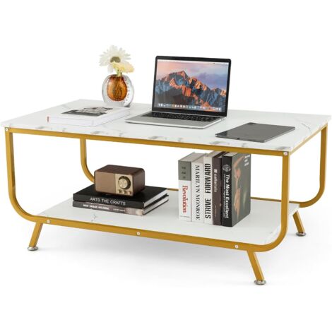 Set De 2 Tables Basses Gigognes Marbre Blanc - Cadre Métal - Moderne Et Fonctionnel