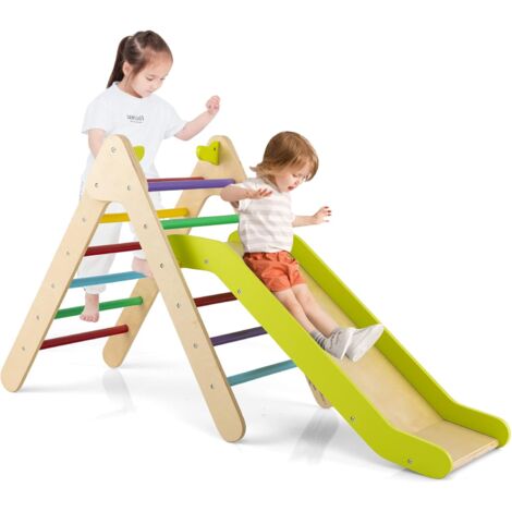 COSTWAY 2 en 1 Triangle d'escalade Enfant avec Toboggan, Cadre d'escalade en Bois Moderne avec Inclinaison Réglable, Jouet d'escalade pour Tout-Petits de 1 an+ (avec Toboggan, Multicolore)