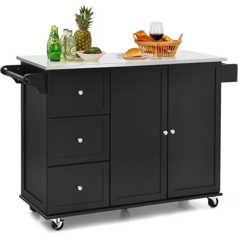Costway – Desserte de cuisine sur roulettes – Îlot central en acier inoxydable – 3 tiroirs – Armoire à 2 portes – Étagères réglables – Support à épices – Noir