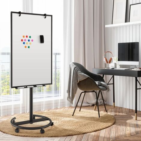 COSTWAY Tableau Blanc Magnétique Mobile, 100 x 65 cm, Effaçable à Sec, Roulant, Hauteur Réglable, Support Rond Stable Sur roulettes, Cadre en Aluminium