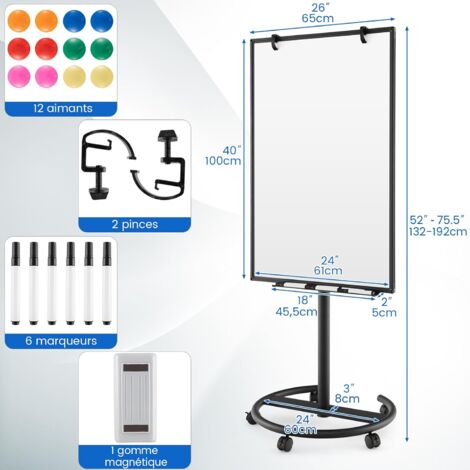 COSTWAY Tableau Blanc Magnétique Mobile, 100 x 65 cm, Effaçable à Sec, Roulant, Hauteur Réglable, Support Rond Stable Sur roulettes, Cadre en Aluminium