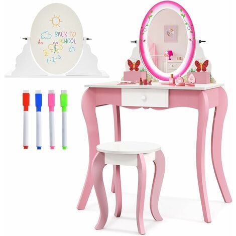 ZONEKIZ Coiffeuse enfant table de maquillage avec tabouret miroir et 2  tiroirs 3 à 6 ans 60 x 40 x 95 cm blanc et bois