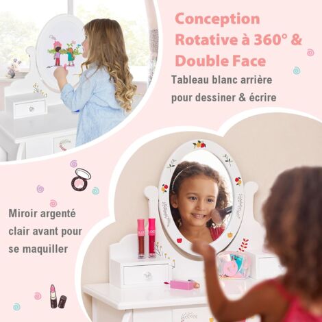 Coiffeuse Enfant 2 En 1 Avec Miroir Rotatif - Table Maquillage + Bureau - Blanc Et Rose
