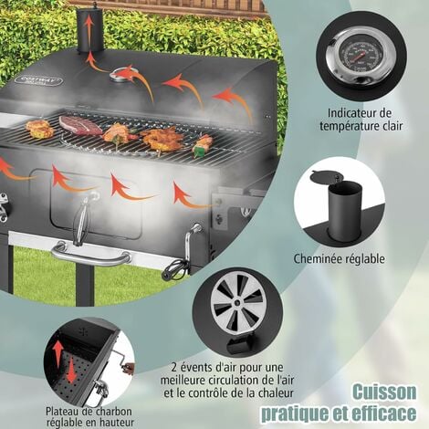 VEVOR Barbecue à Charbon de Bois Grill 56x56 cm Barbecue Rond sur Pied avec  Couvercle et Roues Gril à Charbon Porcelaine Émaillée Thermomètre Intégré