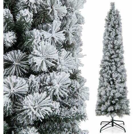 COSTWAY Sapin de Noël Artificiel Pré-éclairé 180 cm, en Forme de Crayon, Floqué de Neige, 150 Lumières Blanches Chaudes, 373 Pointes de Branches, Aiguilles de Pin, pour Maison, Bureau (1/5)