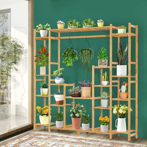 Étagère à plantes pliable support support à fleurs - 3 étagères, barre de  suspension - bois bambou verni