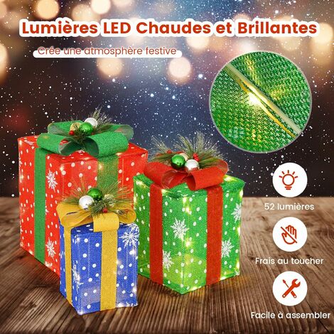 COSTWAY Décoration de Noël Paquet Cadeau de Noël 3 Pièces, Paquet Cadeau Lumineux avec Boîtes Exquises, avec 52 Lumières LED Pré-éclairées pour Porche, Cour, Pelouse
