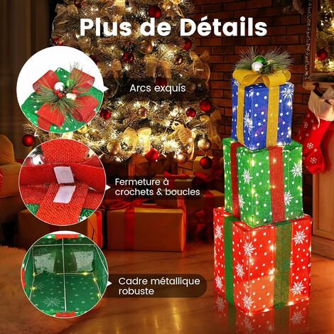 COSTWAY Décoration de Noël Paquet Cadeau de Noël 3 Pièces, Paquet Cadeau Lumineux avec Boîtes Exquises, avec 52 Lumières LED Pré-éclairées pour Porche, Cour, Pelouse