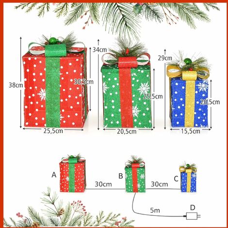 COSTWAY Décoration de Noël Paquet Cadeau de Noël 3 Pièces, Paquet Cadeau Lumineux avec Boîtes Exquises, avec 52 Lumières LED Pré-éclairées pour Porche, Cour, Pelouse