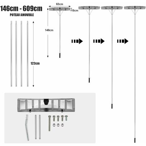 COSTWAY Râteau de Toit à Neige Extensible 1,50-6 m, Déneigement de Toit en Aluminium avec Lame 63 cm 1 Tige de Manipulation et 4 Extensibles 2 Rouleaux pour Véhicules Toit