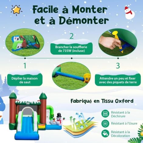 COSTWAY Château Gonflable sur Thème de l'hiver avec Toboggan & Souffleur 735W, Maison de Saut Gonflable avec Panier & Lancer d'Anneaux, Intérieur Extérieur, Charge 135kg pour 3 Enfants de 3-10 Ans