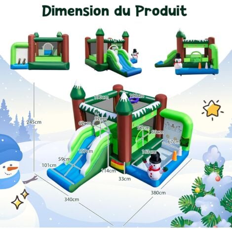 COSTWAY Château Gonflable sur Thème de l'hiver avec Toboggan & Souffleur 735W, Maison de Saut Gonflable avec Panier & Lancer d'Anneaux, Intérieur Extérieur, Charge 135kg pour 3 Enfants de 3-10 Ans