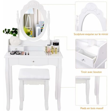 Coiffeuse Avec Miroir Pivotant Ovale - MDF Blanc - Neuf En Boîte