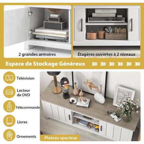 Meuble TV LED COSTWAY - 20 Couleurs, 2 Placards, Étagères Verre | Pour TV Jusqu'à 65"