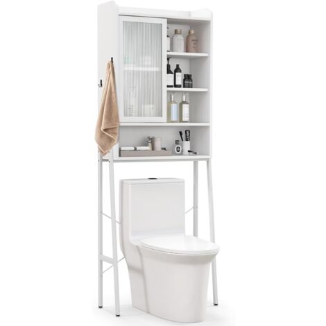 Costway – Meuble WC au-dessus de toilettes – Porte vitrée coulissante – Cadre en métal – Étagères réglables 63 x 29 x 170 cm – Blanc