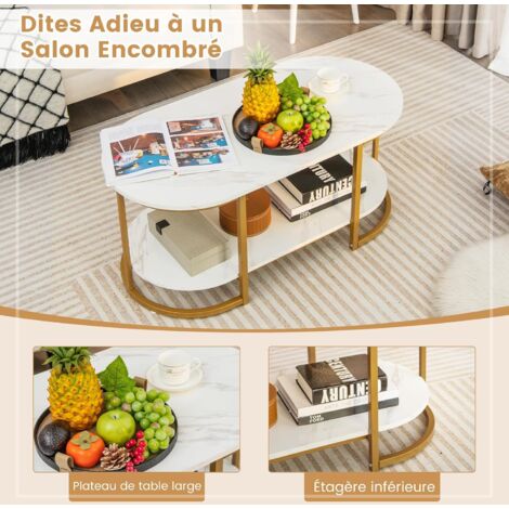COSTWAY Table Basse Marbre Double Plateau, Table Basse Salon Ovale Moderne, Cadre en Métal Doré, Effet Marbre Blanc, 100 x 50 x 45 cm