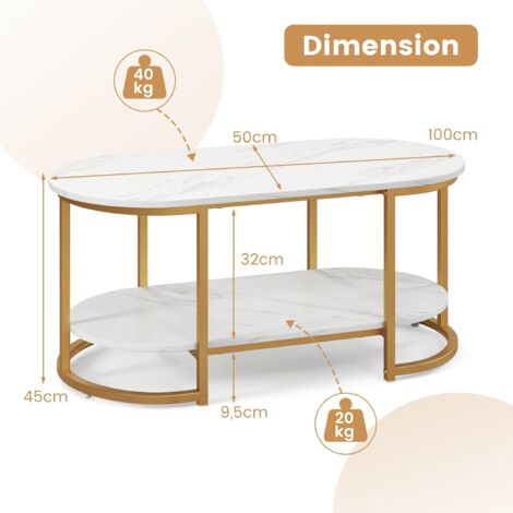 COSTWAY Table Basse Marbre Double Plateau, Table Basse Salon Ovale Moderne, Cadre en Métal Doré, Effet Marbre Blanc, 100 x 50 x 45 cm