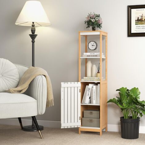 Meuble De Rangement Salle De Bain En Bambou - 30x30x129 Cm - Étagères Réglables, Porte à Lattes - Blanc Et Naturel
