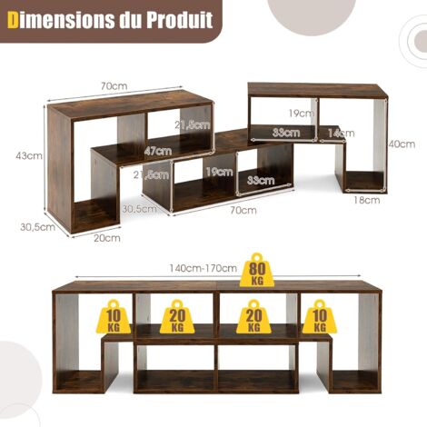 Meuble TV Industriel COSTWAY 147x40x62 Cm - Marron Rustique | Pour TV Jusqu'à 65" | 2 Placards, 4 Casiers