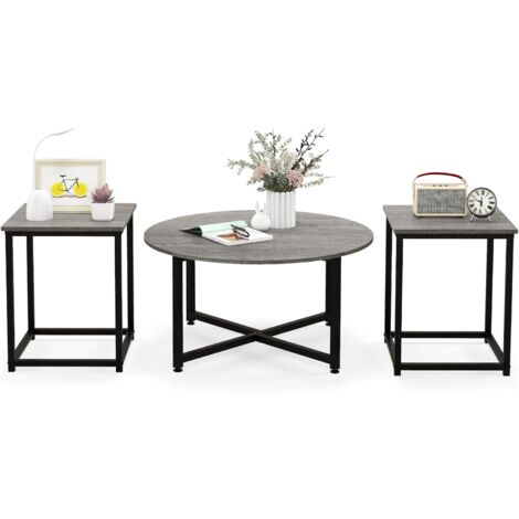 COSTWAY Table Basse Salon 3 Pcs, Table Basse Ronde avec 2 Tables d'Appoint Carrées, Cadre en Métal, Design Moderne Industriel, Table Salon Lot de 3 pour Salon, Chambre (Gris) (1/5)