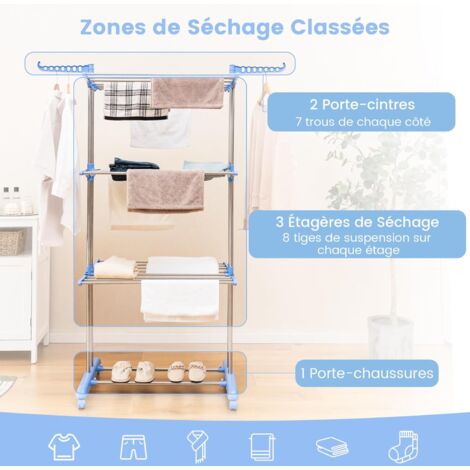 Étendoir à Linge 4 Niveaux Pliable Avec Roulettes - 75x64x170 Cm - Ailes Pivotantes, 6 Étagères - Charge 20 Kg (Noir)