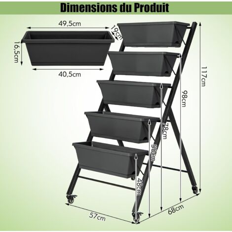 Lit De Jardin Balcon Jardinière Surélevée 119x59x42cm - Bac à Plantation Métal Galvanisé | Pour Balcon, Terrasse | Gris Orto Verticale Da Esterno