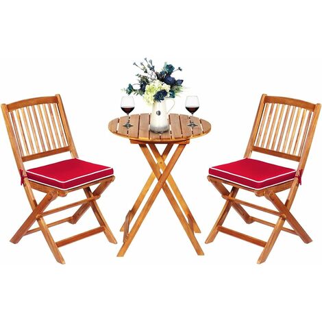 Costway – Ensemble table et chaises de jardin en bois d’acacia – 1 table ronde et 2 chaises pliables – Coussin amovible – Design ergonomique (1/5)