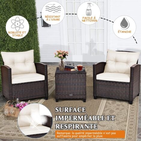 COSTWAY Salon de Jardin en Rotin - 3 Pièces - Charge 180KG - 2 Fauteuils et Table Basse avec Plateau en Verre Trempé – Beige