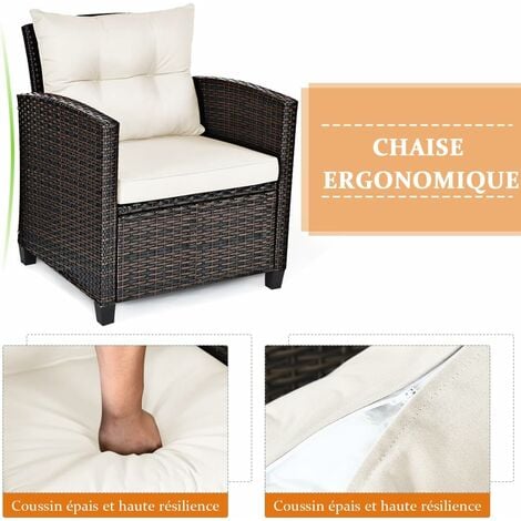 COSTWAY Salon de Jardin en Rotin - 3 Pièces - Charge 180KG - 2 Fauteuils et Table Basse avec Plateau en Verre Trempé – Beige