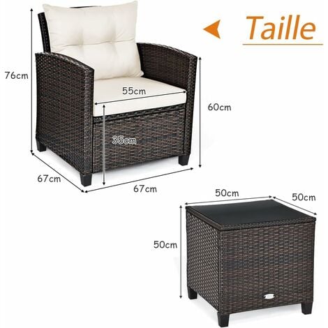 COSTWAY Salon de Jardin en Rotin - 3 Pièces - Charge 180KG - 2 Fauteuils et Table Basse avec Plateau en Verre Trempé – Beige