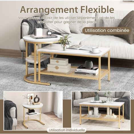 COSTWAY Tables Basses Gigognes Lot de 2, Table Gigogne Design Marbre, Cadre en Métal Doré, Table Basse Salon Rectangulaire, Table d'Appoint Ronde pour Canapé, Salon, Chambre