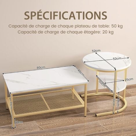 COSTWAY Tables Basses Gigognes Lot de 2, Table Gigogne Design Marbre, Cadre en Métal Doré, Table Basse Salon Rectangulaire, Table d'Appoint Ronde pour Canapé, Salon, Chambre