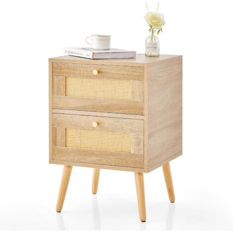 Costway – Table de chevet en rotin avec 2 tiroirs – Pieds en pin – Dimensions 40 x 40 x 59 cm – Style bohème pour chambre et salon