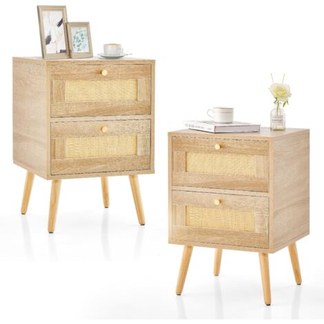 Costway – Table de chevet en rotin naturel avec 2 tiroirs – Dimensions 40 x 40 x 59 cm – Pieds en pin massif – Style bohème scandinave