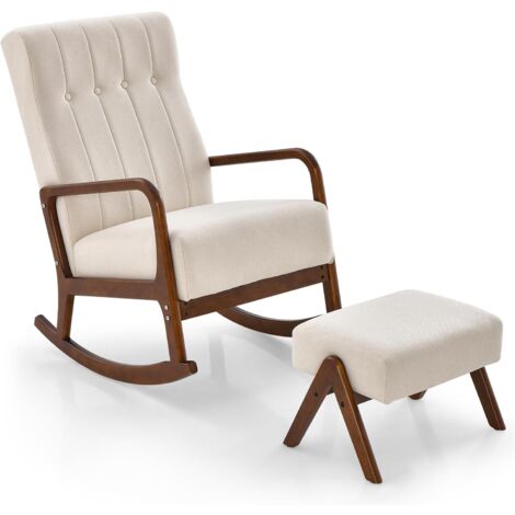 Costway – Fauteuil à bascule avec repose-pieds – Cadre en bois d'hévéa – Rembourrage en éponge haute densité – Charge 150 kg – Conception ergonomique beige (1/5)