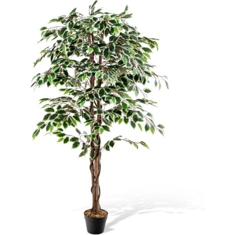 Costway – Plante verte artificielle ficus 160 cm – Tronc en bois véritable – Pot en ciment pour stabilité – 1008 feuilles réalistes – Décoration intérieure