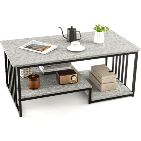 Costway – Table basse rectangulaire en marbre gris – Cadre métal noir – 2 étagères ouvertes – Dimensions 110 x 60 x 45 cm pour salon moderne (1/5)