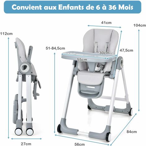 Chaise Haute Bébé Convertible COSTWAY - 7 Hauteurs, Plateau Amovible, Harnais 5 Points, Pliable - Pour 6 à 36 Mois (15 Kg Max)