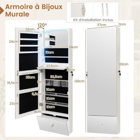 Armoire à Bijoux Murale COSTWAY Avec LED - 4 Tiroirs, 4 étagères, Miroir Rabattable - Verrouillable - Blanc - 8