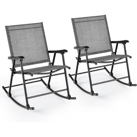 COSTWAY Lot de 2 Chaises de Jardin à Bascule Pliantes avec Siège en Tissu Respirant et Cadre en Métal, Chaises Berçantes d'Extérieur à Dossier Haut, pour Porche, Piscine, Charge 150KG(Gris) (1/5)