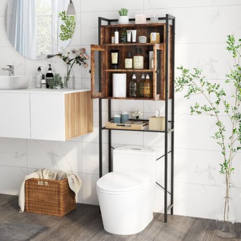 COSTWAY Meuble WC multifonctionnelle 2 en 1, Armoire de Rangement Au-Dessus des Toilettes, Etagère pour Machine à Laver, Étagère réglable, Placard à 2 Portes, Style Industriel, 24 x 60 x 172 cm, Marro