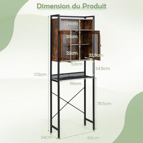 COSTWAY Meuble WC multifonctionnelle 2 en 1, Armoire de Rangement Au-Dessus des Toilettes, Etagère pour Machine à Laver, Étagère réglable, Placard à 2 Portes, Style Industriel, 24 x 60 x 172 cm, Marro