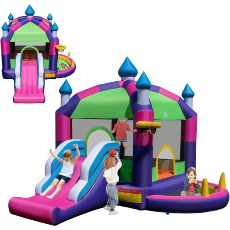 COSTWAY 5 en 1 Château Gonflable avec Toit & Toboggan, Aire de Jeux Gonflable avec Piscine & Panier de Basketball, Maison de Rebond, Charge 90kg pour 2 Enfants de 3-10 Ans, 385x332,5x300CM