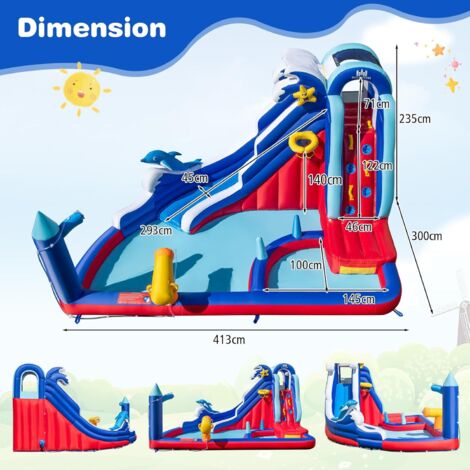 COSTWAY 9 en 1 Château Gonflable en Forme Éléphant avec Toboggan & Souffleur 680W & Mur d'escalade, Aire de Jeux Gonflable avec Piscine, Charge 90kg pour 3-4 Enfants de 3-10 Ans, 378x469x250CM