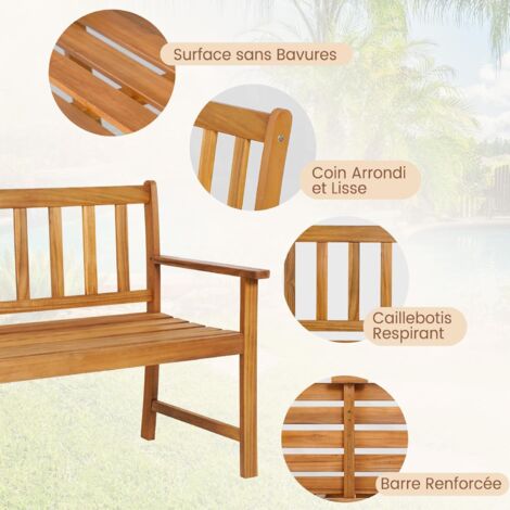 COSTWAY Banc de Jardin en Bois Massif d'Acacia, Banc d'Extérieur à 2 Places avec Accoudoirs, Siège à Lattes pour Parc, Porche, Cour, Charge 360 Kg, 122 x 56,5 x 86 CM (L x l x H), Naturel
