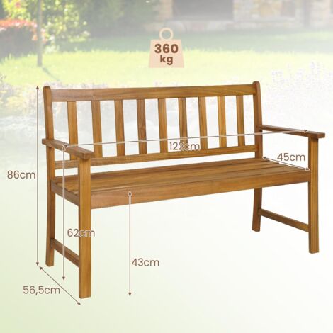 COSTWAY Banc de Jardin en Bois Massif d'Acacia, Banc d'Extérieur à 2 Places avec Accoudoirs, Siège à Lattes pour Parc, Porche, Cour, Charge 360 Kg, 122 x 56,5 x 86 CM (L x l x H), Naturel