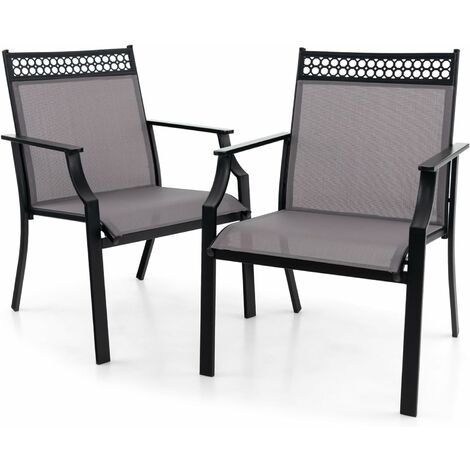 COSTWAY Lot de 2 Chaises de Jardin avec Cadre en Métal, Chaises à Dossier Haut en Teslin à Séchage Rapide, Fauteuil d'Extérieur pour Toutes Saisons, Charge 150 KG, pour Cour, Balcon, Piscine (Gris) (1/5)